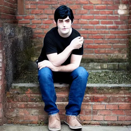 Image similar to pregnant goth man, tee shirt and jeans, black hair