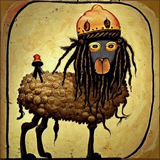 Image similar to a funny medieval wall painting of a rastafarian sheep with dreadlocks, highly detailed, trending on artstation