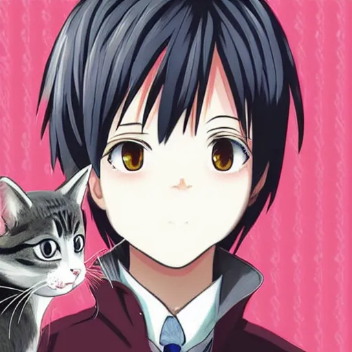 Prompt: yato from noragami with a cute cat, profile picture, vintage fashion, highly detailed, reflection, 8 k, realistic artwork, hd, inspired by noragami, 9 0 s anime art style, elegant,