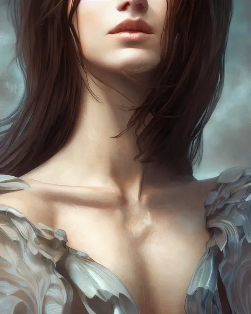 Prompt: close up portrait of a unsplash portrait model, soft hair, half body, leather, d & d, fantasy, intricate, elegant, highly detailed, digital painting, artstation, concept art, smooth, sharp focus, illustration, art by artgerm and greg rutkowski and alphonse mucha