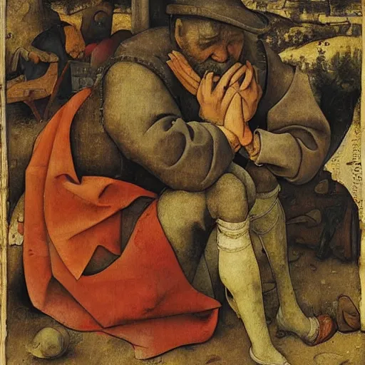 Image similar to of mediaeval man weeping concept art high detailed pieter bruegel