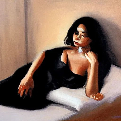 Image similar to a dark haired woman wearing a black dress, on a bed. by fabian perez