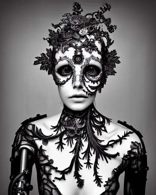 Image similar to surreal black and white photo portrait of complex bio-mechanical beautiful young female vegetal-cyborg with a Mandelbrot fractal steampunk metal fine lace face, curled silver hair and a fine metal floral foliage super big lace collar by Alexander McQueen:: high fashion, haute couture, rococo, steampunk, silver filigree details, anatomical, facial muscles, cable wires, microchip, elegant, hyper realistic, 150 mm lens, soft rim light, octane render, unreal engine, picture was taken in 1910, volumetric lighting, 8k,