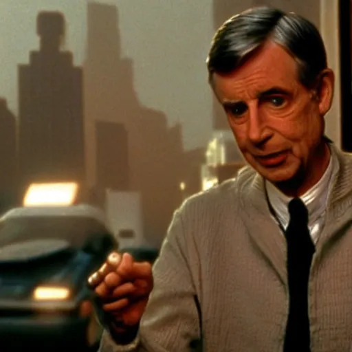 Image similar to still image from blade runner of mister rogers