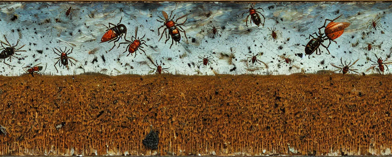 Prompt: strange giant insects, beetles and flies, swarming in a cornfield, oil painting by max ernst and anselm kiefer, decay, mixed media, textured, sharp focus, highly detailed, photographic emulsion cracked and peeling, rust, cinematic lighting, 8 k, hd