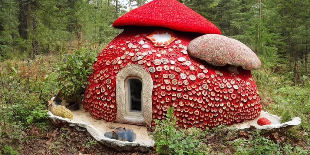 Image similar to cozy residence made from an enormous amantia muscaria toadstool