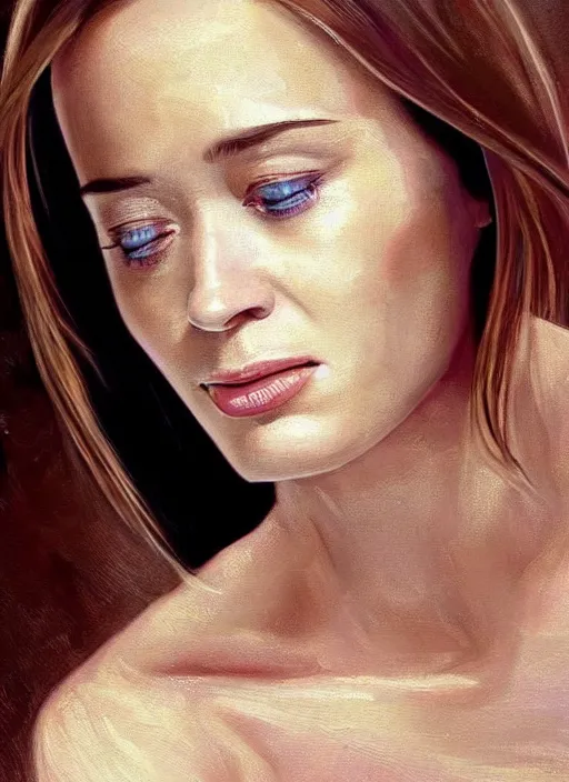 Image similar to amazingly pretty painting depiction of 20 year old Emily Blunt as a young goddess staring seductively at you. ultra detailed painting at 16K resolution and amazingly epic visuals. epically beautiful image. amazing effect, image looks gorgeously crisp as far as it's visual fidelity goes, absolutely outstanding. vivid clarity. ultra. iridescent. mind-breaking. mega-beautiful pencil shadowing. beautiful face. Ultra High Definition. godly shading. amazingly crisp sharpness. photorealistic film cel processed twice..