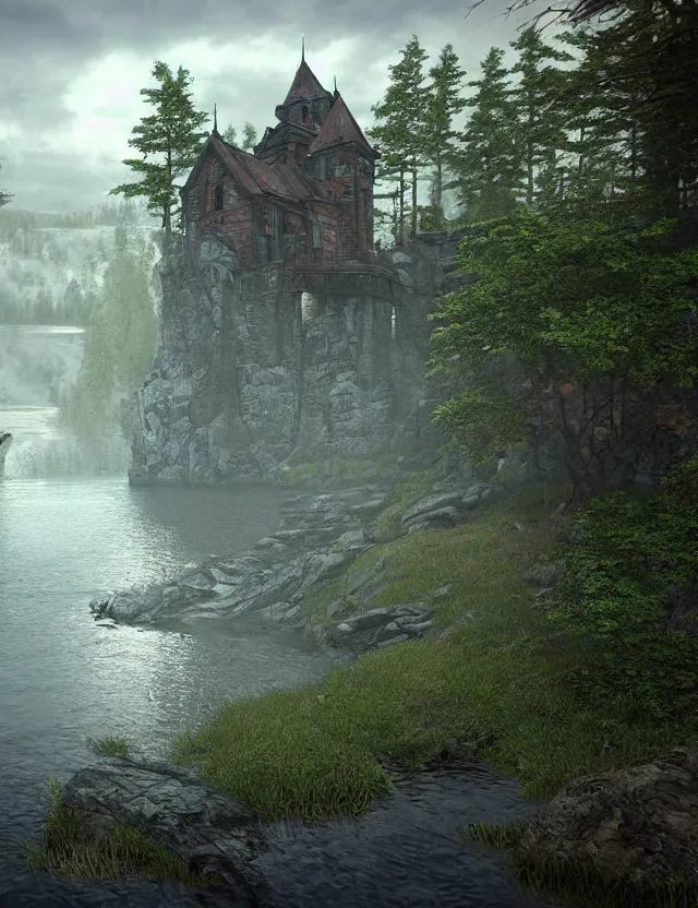 Image similar to unreal engine, tony s art, castle, forest, lake, energy