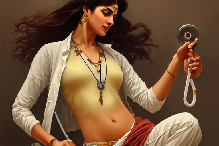 Image similar to sensual pale beautiful indian doctor in jeans with stethoscope, art deco portrait, elegant, intricate, digital painting, artstation, concept art, smooth, sharp focus, illustration, art by artgerm and greg rutkowski and alphonse mucha