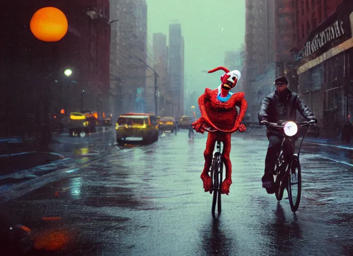 Image similar to A very high resolution image from a new movie, a clown fighting an octopus on a bikecycle on a rainydayinNewYork city, Polaroid, directed by Steven Spielberg