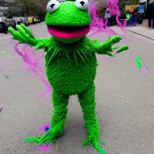 Prompt: a muppet made of silly string