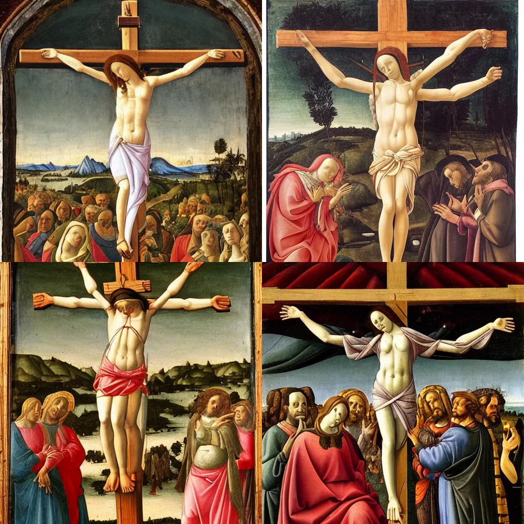 Prompt: a detailed renaissance painting of a woman being crucified on a cross like Christ in the style of Botticelli