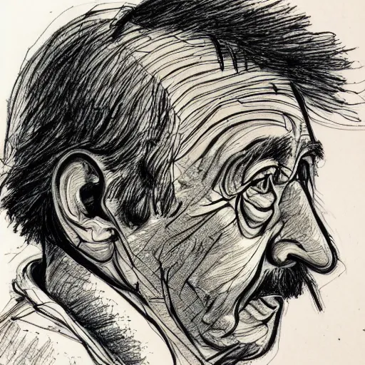 Prompt: a realistic yet scraggly portrait sketch of the side profile of a stern and sophisticated muriel bagge, trending on artstation, intricate details, in the style of frank auerbach, in the style of sergio aragones, in the style of martin ansin, in the style of david aja, in the style of mattias adolfsson