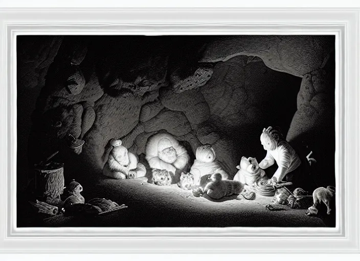 Image similar to Pieter Claesz's 'bear and her cubs sleeping in a dark cave lit by campfire', night time, cross hatching, framed