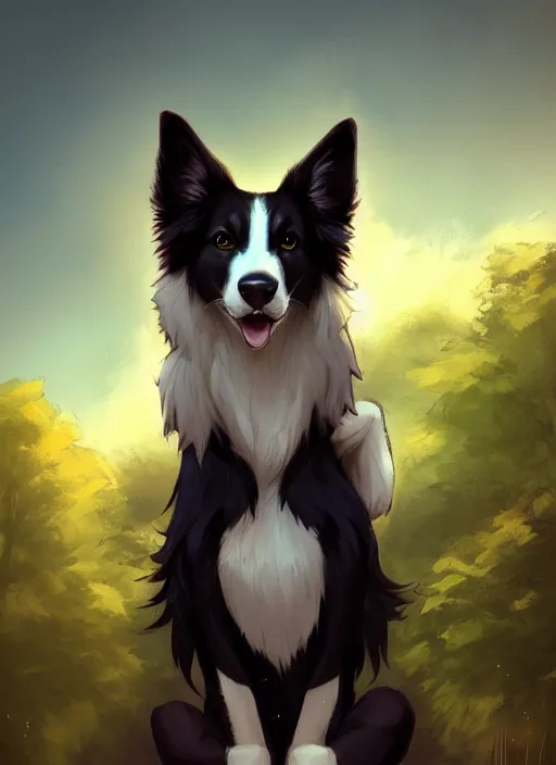 Prompt: wide angle beautiful full body portrait of a cute male anthropomorphic border collie fursona wearing a t - shirt and posing in front of a park, character design by charlie bowater, henry asencio, and ross tran, furry art, furaffinity, scenic background, beautiful, glamor pose, detailed, trending on artstation