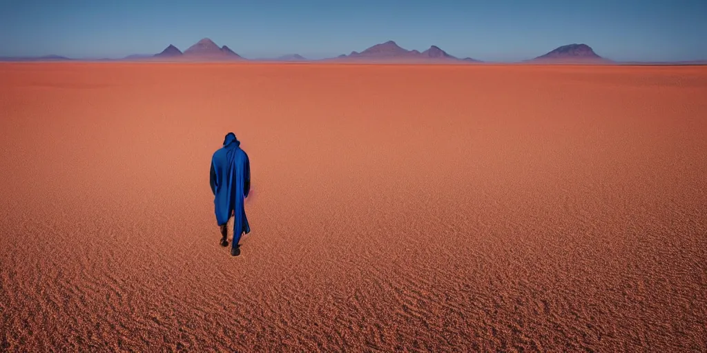 Image similar to of a photography of a man walking on desert , with blue light dark blue sky, long cloths red like silk, ants are big and they shine on the sunlight, there are sand mountains on the background, a very small oasis on the far distant background along with some watch towers, ants are perfect symmetric insects, man is with black skin, the man have a backpack, the man stands out on the image, the ants make a line on the dunes, the sun up on the sky is strong, the sky is blue and there are some clouds, its like a caravan of a man guiding dunes of the desert, colors are strong but calm, volumetric, detailed objects, Arabica style, wide view, 14mm,