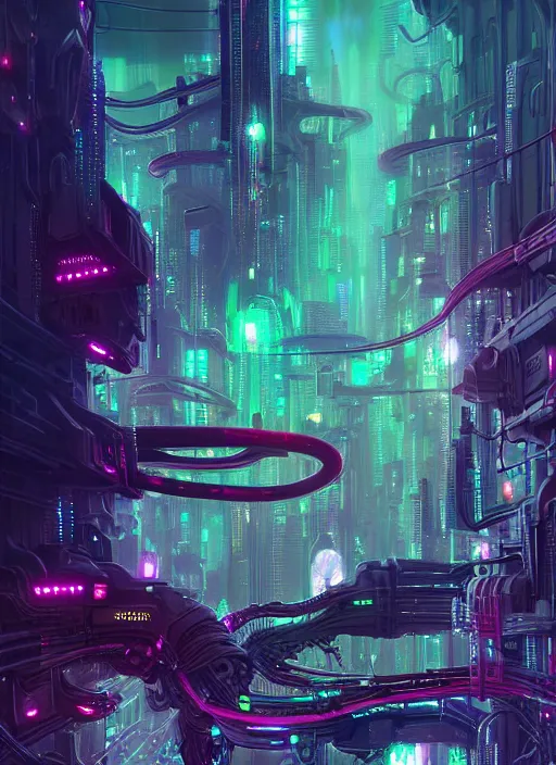 Image similar to cats cyborg inside an scifi tentacles wires futuristic city, beautiful neon cats, cinematic, highly detailed, photorealistic, rich bright colors, trending on artstation, giger, tsutomu nihei, trending on cgsociety, awe inspiring bruce pennington cityscape, digital art painting of 1 9 6 0 s