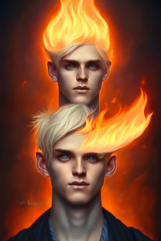 Prompt: character art by tom bagshaw, young man, blonde hair, on fire, fire powers