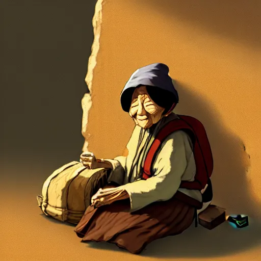 Image similar to concept art, an old woman merchant sitting against a stone wall wearing a backpack piled high with textiles, earth tones, dust particles in the air, early morning golden light, in the style of yoshitaka amano W 704