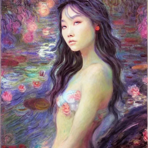 Image similar to the oracle of waters by ross tran and claude monet, oil on canvas