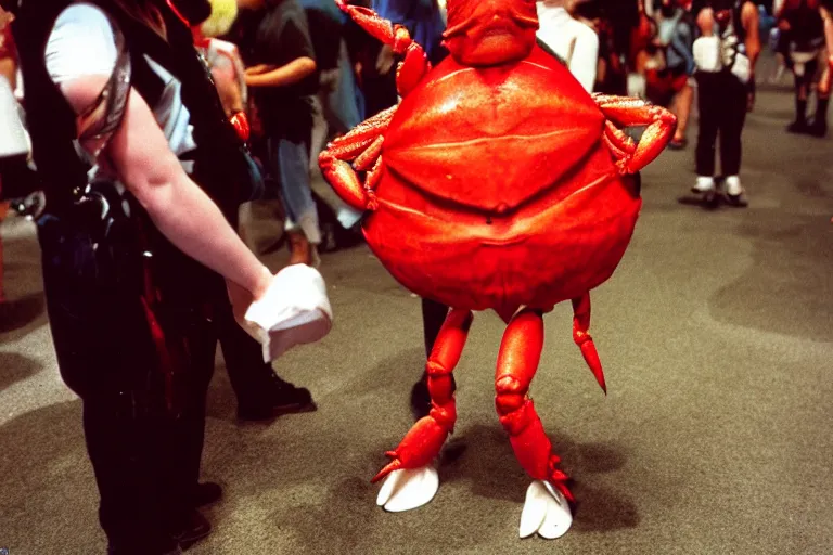 Image similar to cosplayer dressed like a crab, in 1 9 8 5, at an anime convention, royalcore, low - light photograph, photography by tyler mitchell