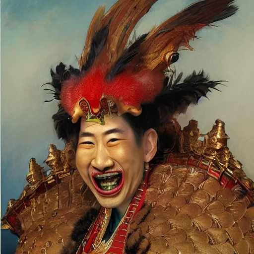 Prompt: medium shot portrait of the hen emperor of japan dressed as a chicken with a scary smile, sitting on his throne, highly detailed painting by gaston bussiere, craig mullins, j. c. leyendecker 8 k