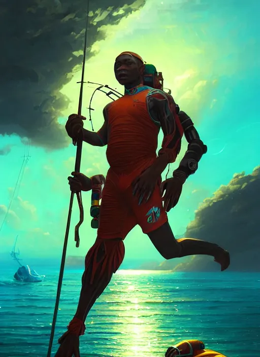 Image similar to portrait of a jamaican fisherman sci - fi glowing fishing armor muscular cyberpunk intricate elegant highly detailed digital painting artstation concept art, ocean background, jamaican colors, cinematic, greg rutkowski, loish, rhads, ferdinand knab, makoto shinkai and lois van baarle, ilya kuvshinov, rossdraws, tom bagshaw