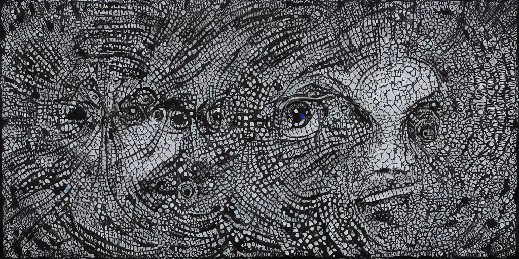 Image similar to camo of eyes, technical, acrylic, teeth, eerie, tribal, clay, dots, lines, stipple, points, grid, cybernetic, old painting, francis bacon art, swirly eyes, hypnosis, eerie, terror, oil, neon, black and white, splotches