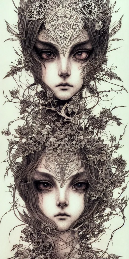 Image similar to prompt: Fragile looking vessel portrait tattooed face character soft light drawn by Vania Zouravliov and Takato Yamamoto, inspired by Fables, magical and alchemical weapons, soft light, white background, intricate detail, intricate ink painting detail, sharp high detail, manga and anime 2000