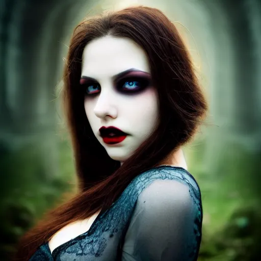 Prompt: portrait brunette vampire, Captivating, regal, high society, New Tales of the Vampires character, Highgate cemetery, face centred, fog, volumetric lighting, beautiful, night time, blueish moonlight, sharp focus, ultra detailed, cgsociety