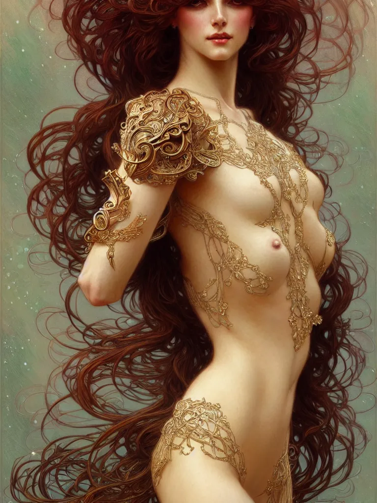 Image similar to a modestly clothed woman, tall, feminine, powerful, voluminous, intricate, elegant, highly detailed, digital painting, artstation, smooth, symmetrical, sharp focus, illustration, art by gaston bussiere and alphone mucha