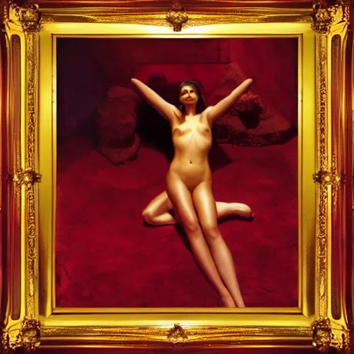 Prompt: Emily Ratajkowski full body laying in a blood red pool of water between a golden mirror frame, outside is space and inside the mirror frame is a beautiful landscape., physically accurate, dynamic lighting, intricate, elegant, highly detailed, very very Roberto Ferri, sharp focus, illustration, art