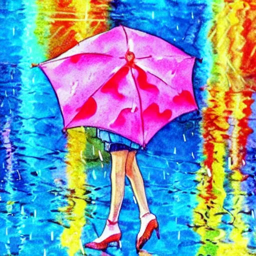 Image similar to rain, pattern, cute anime, vivid colors, watercolors, umbrella, girl