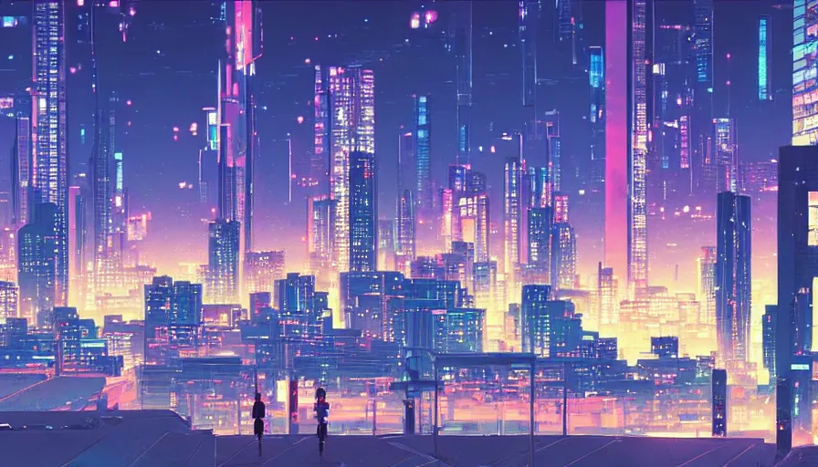 Image similar to beautiful anime synthwave cityscape by makoto shinkai