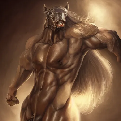 Image similar to an anthropomorphized horse with a enormously muscular body in a research facility wearing a skintight body armor, long white mane, equine, anthro art, furaffinity, highly detailed, digital painting, artstation, concept art, illustration, art by artgerm, greg rutkowski, ruan jia