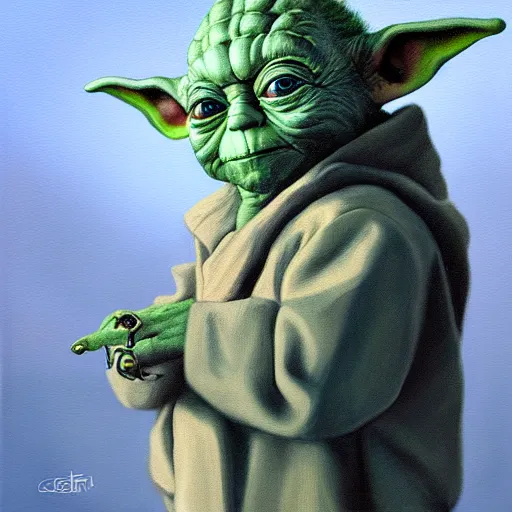 Image similar to a realistic oil painting of yoda as a cybernetic cyborg, surrealism portrait, surrealism album cover