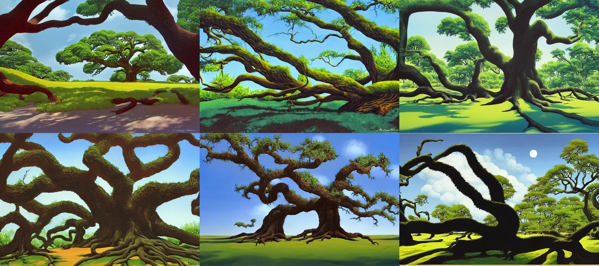 Prompt: Angel Oak landscape in the style of Dr. Seuss, starships, painting by Ralph McQuarrie