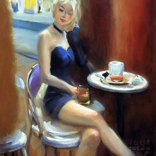 Prompt: mysterious blonde at a café in Paris, painting by Vladimir Volegov,