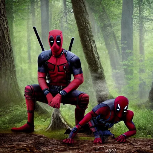 Image similar to deadpool and groot in the woods playing digital art 4 k detailed