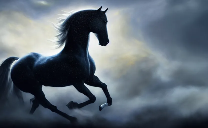 Image similar to a masterpiece oil painting of a proud horse galloping. wide angle, fantasy art, heroic lighting, very very very beautiful raytraced rendering, fog, finger of god, amazing wallpaper