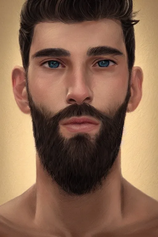 Image similar to very detailed portrait of a very handsome american man in his late twenties, oval shaped face, very short beard, ( ( deep hazel eyes ) ), strong round!!! rosey nose, nice color scheme, by wlop and tyler oulton, detailed eyes, reading a book. starry background, trending, on artstation.