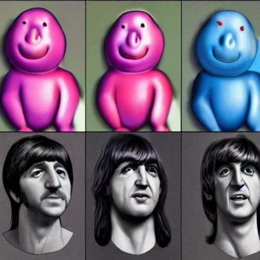 Prompt: the beatles except they're all mr. blobby hyperrealism photo - realistic by james gurney artstation 8 k