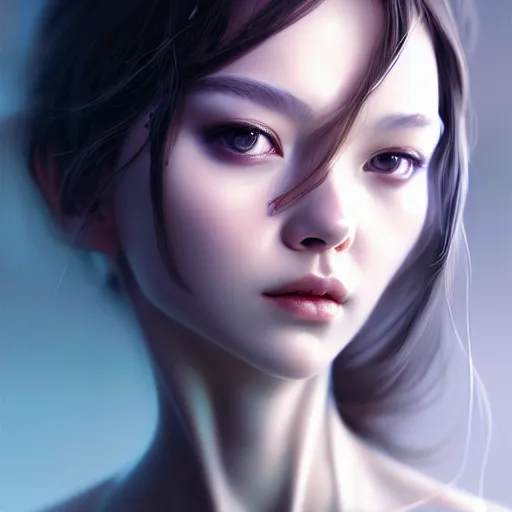 Image similar to portrait of beautiful girl with robot body by artgerm and fenghua zhong and ruan jia, close up, portrait, cinematic, elegant, artstation, intricate, highly detailed, digital painting, artstation, concept art, sharp focus, illustration, cyberpunk, cgsociety, 8 k