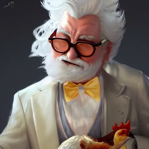 Prompt: closeup of Colonel Sanders getting married to a chicken, modern setting, intricate, elegant, highly detailed, digital painting, artstation, concept art, matte, sharp focus, illustration, hearthstone, art by Artgerm and Greg Rutkowski and Alphonse Mucha