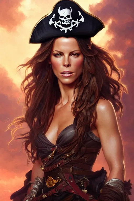 Prompt: kate beckinsale as pirate queen, fantasy, amber eyes, face, long hair, intricate, elegant, highly detailed, digital painting, artstation, concept art, smooth, sharp focus, illustration, art by artgerm and greg rutkowski and alphonse mucha