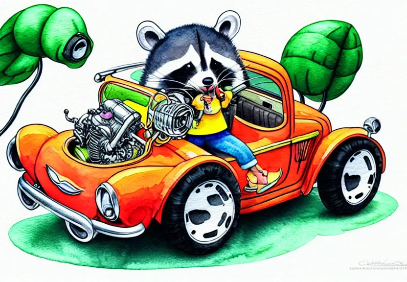 Image similar to cute and funny, racoon riding in a tiny hot rod coupe with oversized engine, ratfink style by ed roth, centered award winning watercolor pen illustration, isometric illustration by chihiro iwasaki, edited by range murata