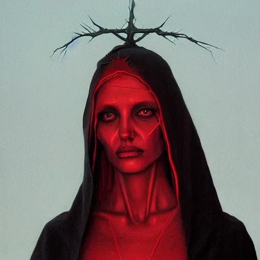 Prompt: portrait of Angelina Jolie with red glowing eyes in hood and crown of thorns, dark fantasy, Warhammer, artstation painted by Zdislav Beksinski and Wayne Barlowe
