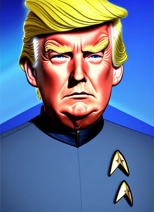 Image similar to cute star trek officer donald trump, natural lighting, path traced, highly detailed, high quality, digital painting, by don bluth and ross tran and studio ghibli and alphonse mucha, artgerm