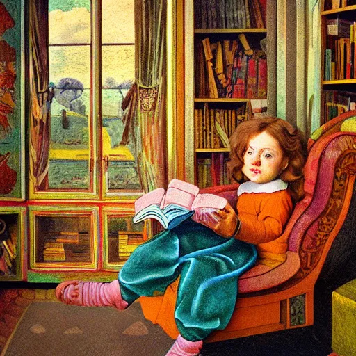 Prompt: photorealistic contemporary illustration of a beautiful child reading books, beautifully portrayed inside a retrofuturistic maximalist hyperdetailed room. in the style of Caravaggio, Michelangelo, Paul Gauguin, Modigliani, with flemish baroque vibrant shiny maximalist mixed media 3d textures in soft pastel tones. matte background. HD HD HDR high res 8x sharp