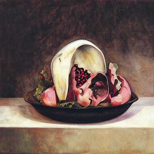 Image similar to “a portrait in an art student’s apartment, a feminine pig’s head in a large salad bowl, pomegranate, pork, ikebana white flowers, white wax, squashed berries, acrylic and spray paint and oilstick on canvas, by munch and Dali”